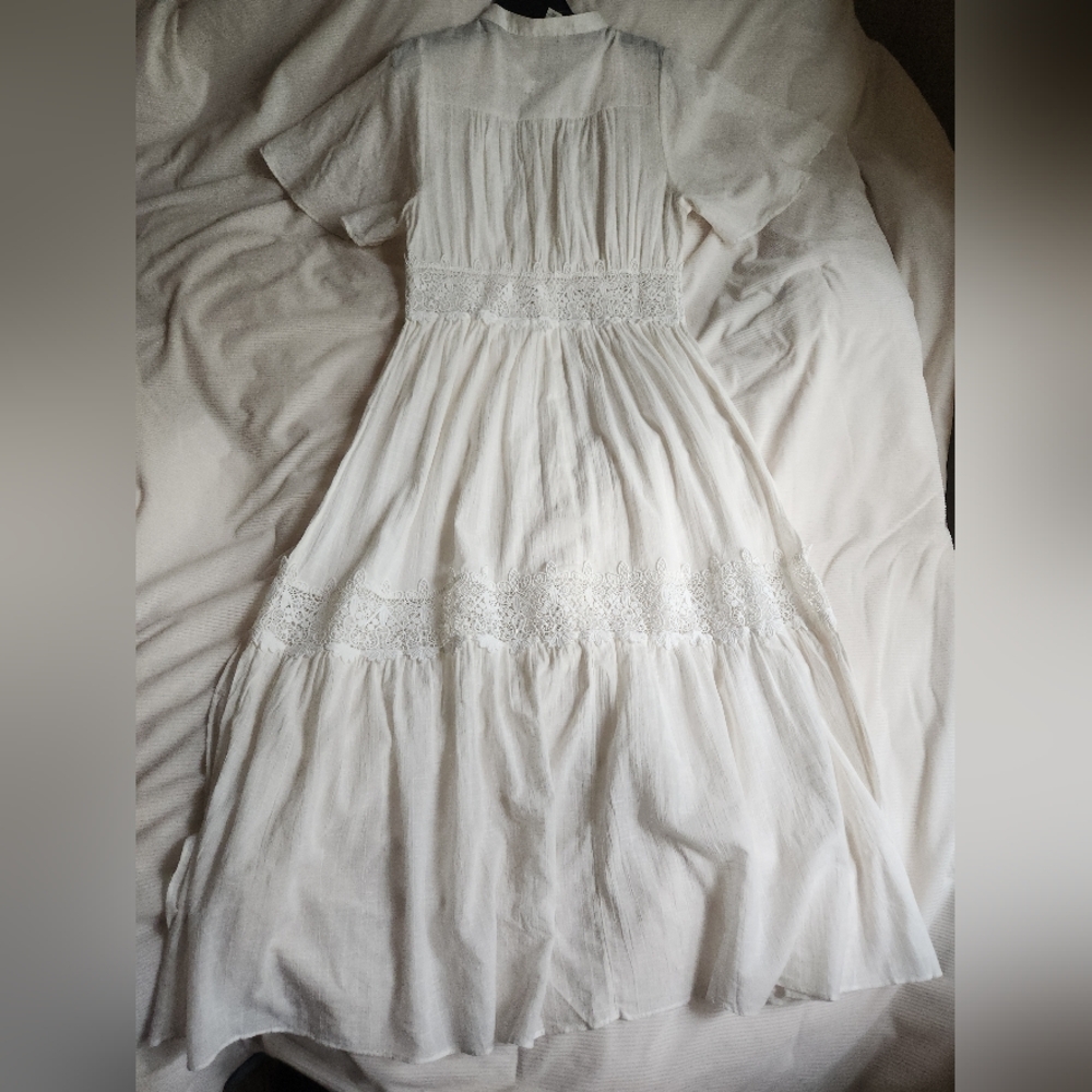 H&M Lace-inset Cotton Maxi Dress Tiered Woven Unlined/See Through White  NWT - Picture 14 of 15
